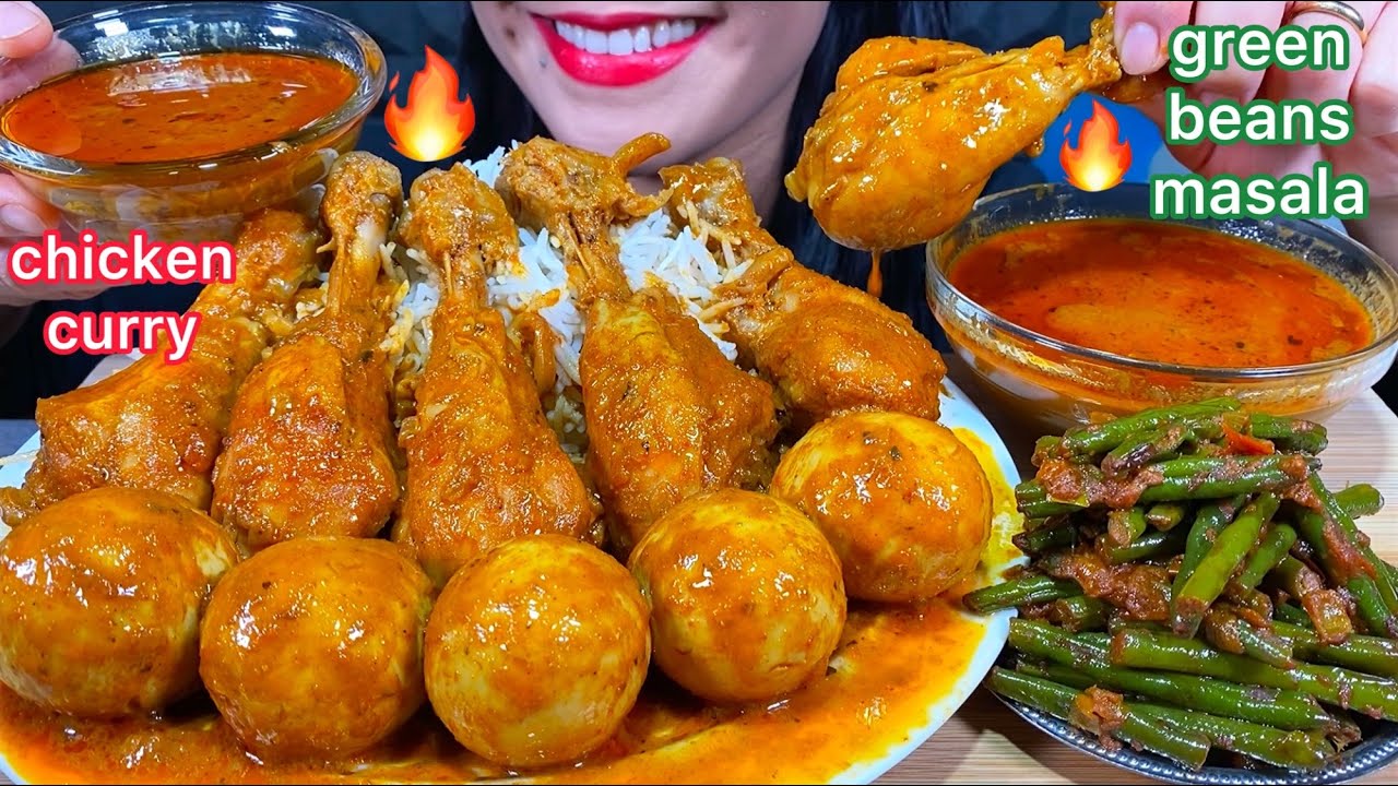 ASMR SPICY CHICKEN CURRY, EGG CURRY, GREEN BEANS MASALA, RICE MUKBANG MASSIVE Eating Sounds