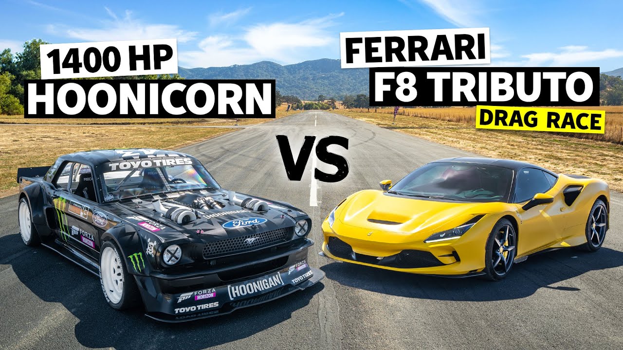 Ford vs Ferrari! 710hp F8 Tributo Daily Driver drag races Ken Block’s Hoonicorn