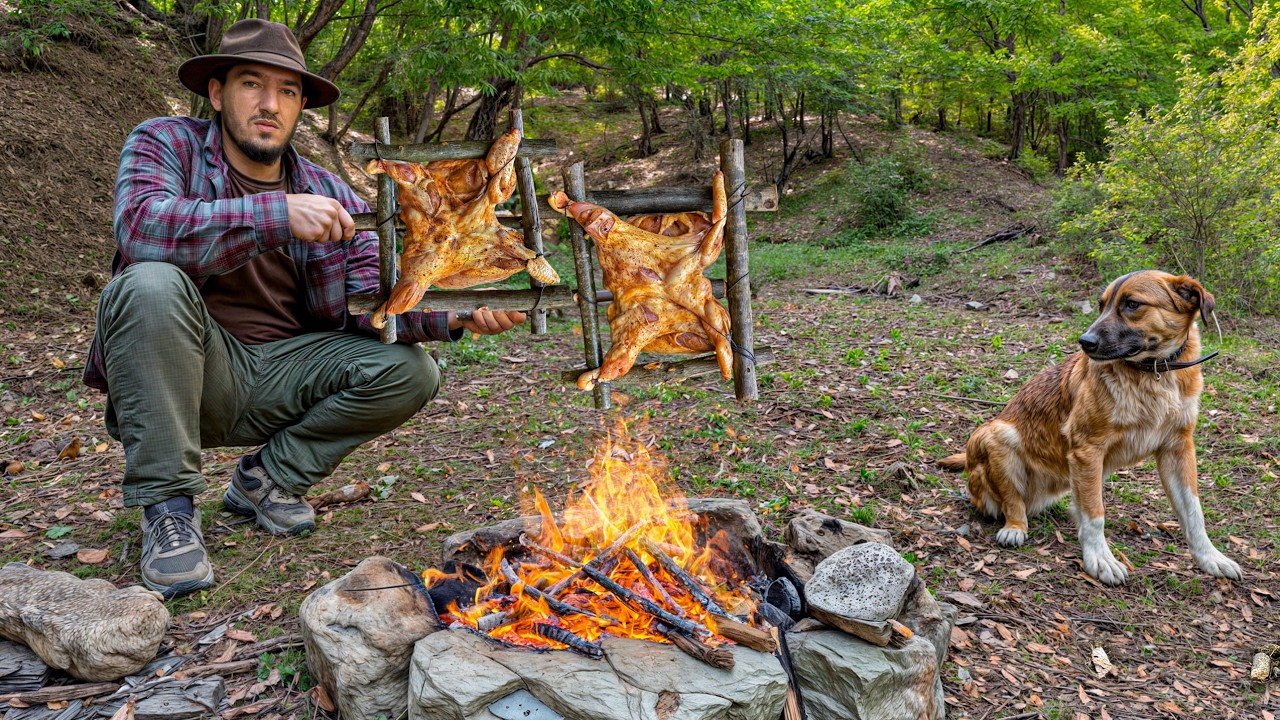 Wilderness Cooking: Crispy Chicken on Improvised Campfire Grill🔥