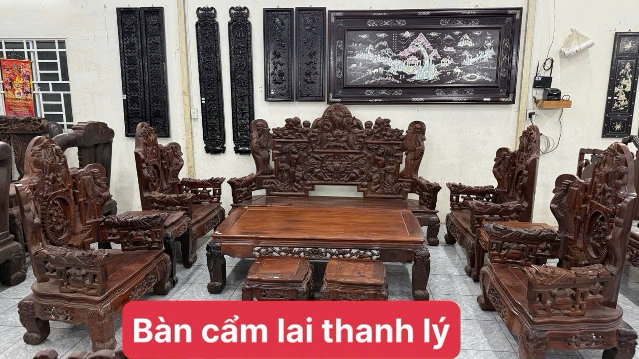 Thanh lý bộ bàn cẩm lai xưa hiếm tìm, bộ bàn gỗ trắc cột 16, tranh thiên hạ thái bình, đồ xưa Mekong