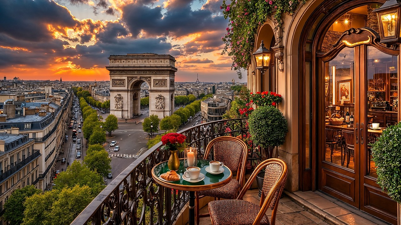 Luxury Paris Golden Hour Jazz ☕ Arc de Triomphe Terrace Café & Smooth Jazz Music for Focus & Work