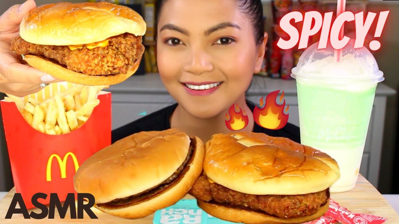 ASMR Mcdonald's NEW SPICY CRISPY CHICKEN SANDWICH, Shamrock Shake, Burger EATING SOUNDS Mukbang