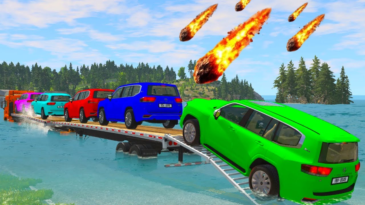 Triple Flatbed Trailer McQueen Transportation with Truck - Speedbumps vs Cars vs Train - BeamNG #7