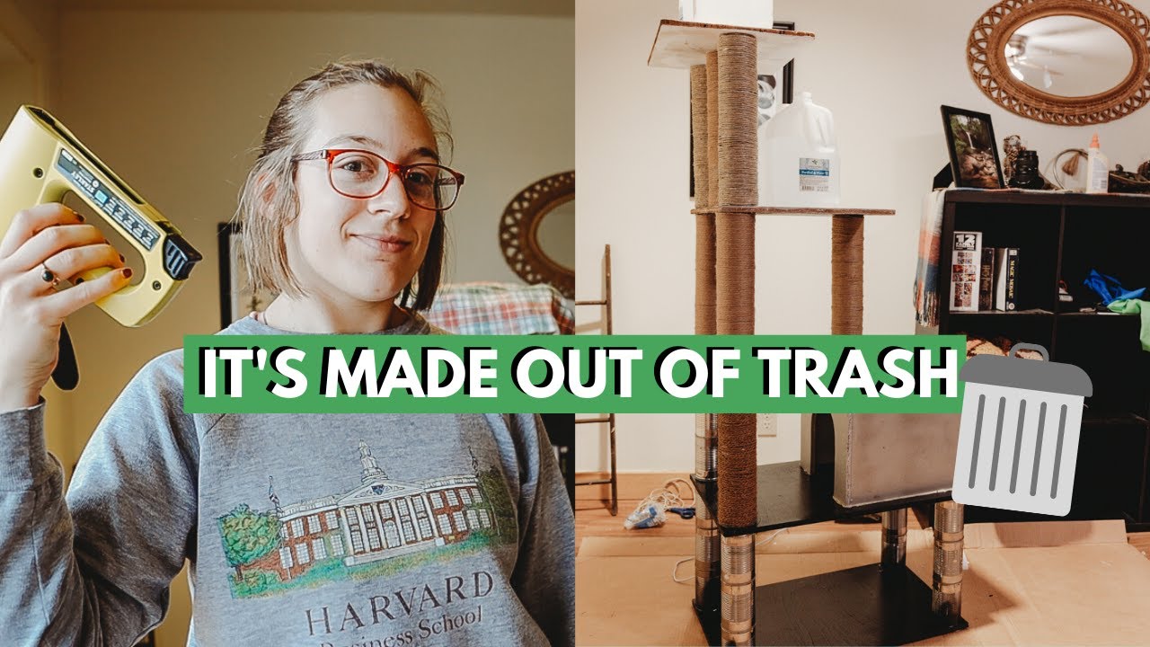 HOW TO BUILD A CAT TREE | DIY cat tree for free (completely upcycled cat tree)