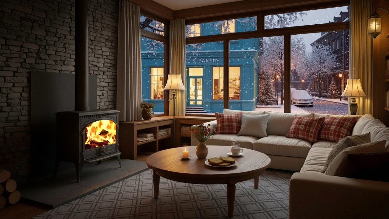 Relaxing Winter Café Ambience | Soft Jazz Piano, Snowfall & Fireplace for Study, Work & Sleep