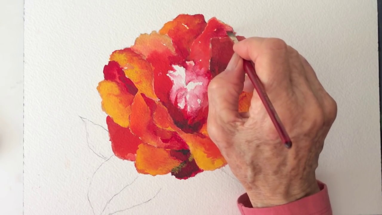 Red Camellia flower watercolor tutorial, how to paint step by step