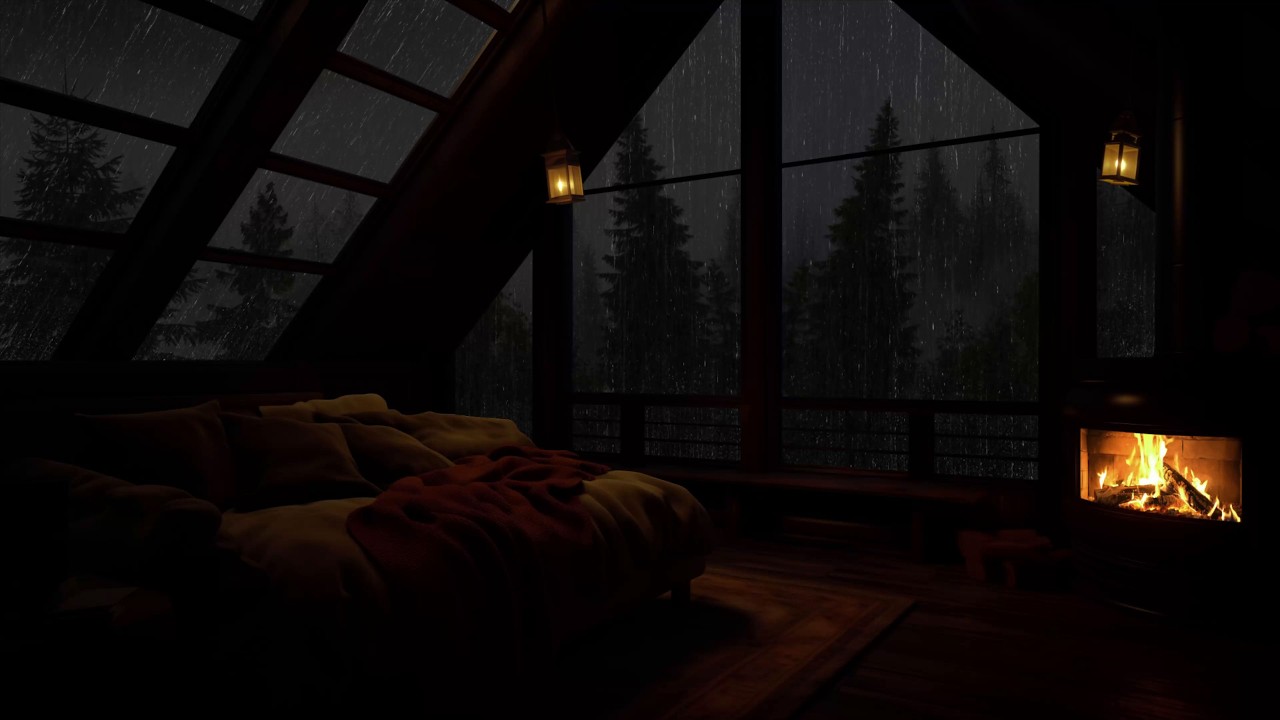 Atmosfera rilassante in un attico con caminetto e pioggia tropicale per dormire bene e rilassarsi 🌧️
