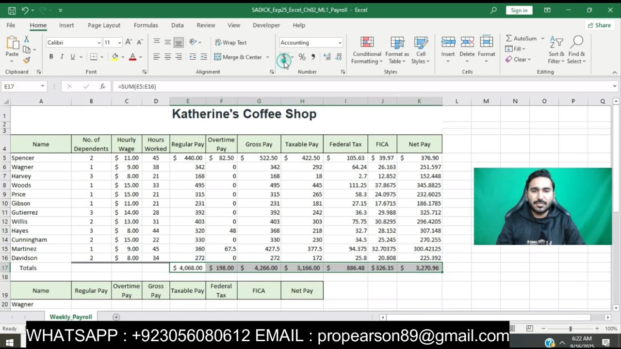 Exp25_Excel_Ch02_ML1 - Еженедельная заработная плата в кофейне Кэтрин | Exp25 Excel Ch02 ML1