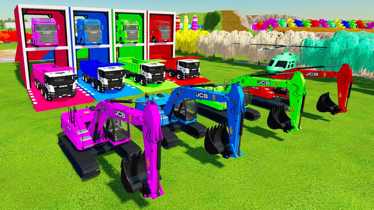 Garage With Colors - ALL COLORFUL JCB EXCAVATOR, SCANIA DUMP TRUCK TRANSPORTING WITH FLATBED TRUCKS