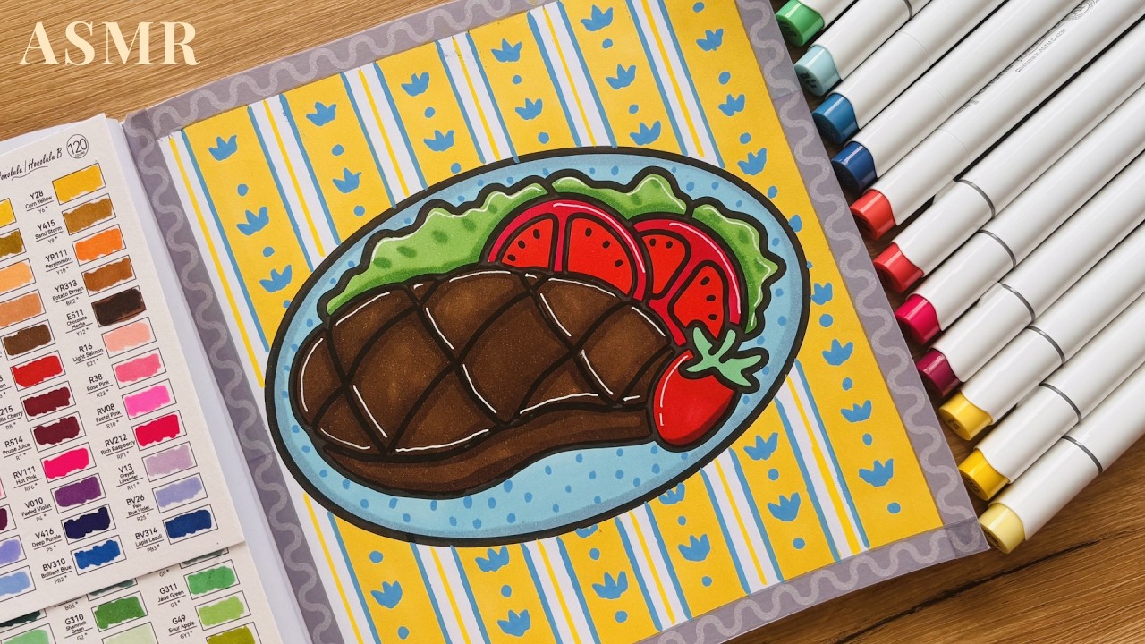 ASMR Coloring Juicy Steak 🥩 | Relaxing Alcohol Marker Sounds | No Talking