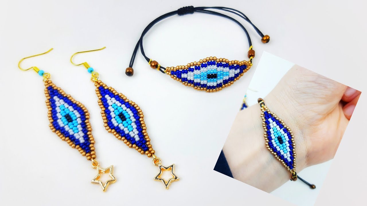 Boncuktan Nazar Boncuğu Set Yapımı. Küpe-Kolye-Bileklik. Evil Eye Earrings & Bracelet making.