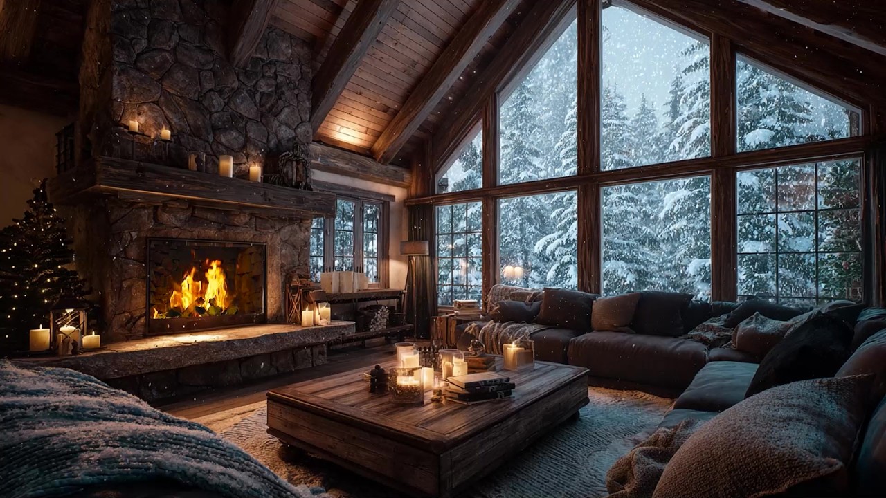 Cozy Log Cabin in Winter: Heavy Snowfall and Fireplace Sounds for Relaxing Your Mind