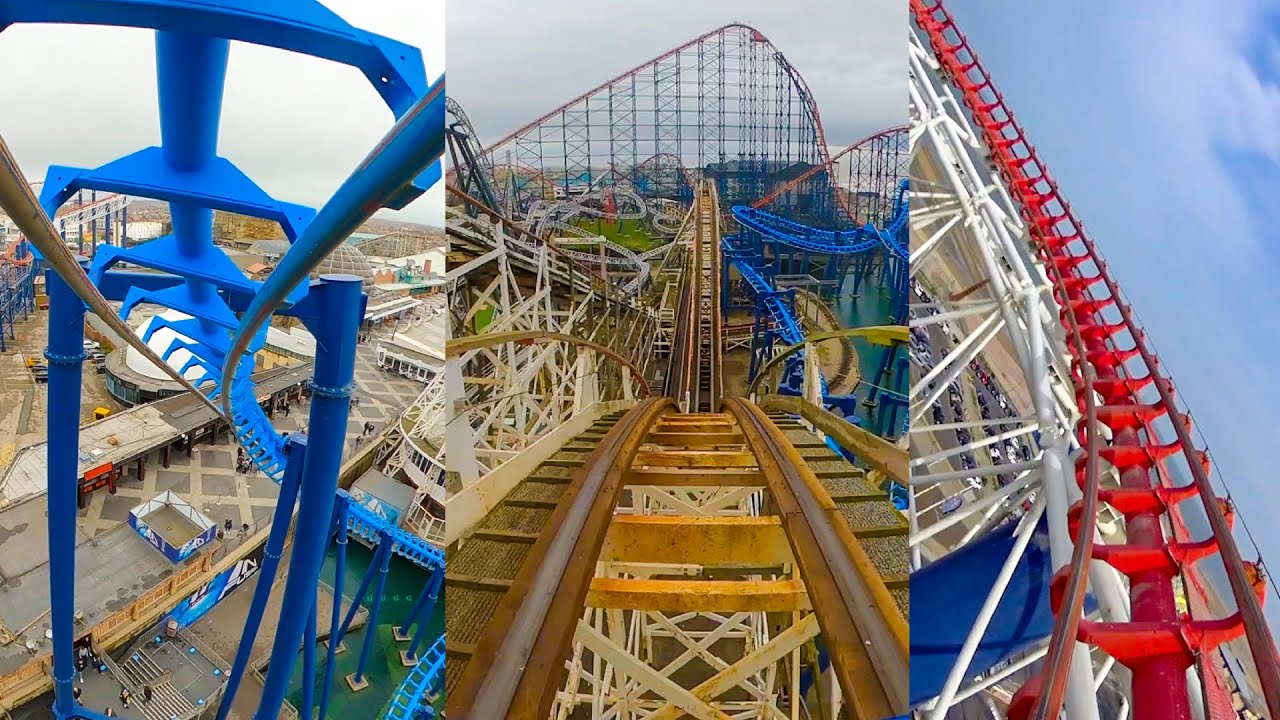 Все американские горки в парке развлечений Blackpool Pleasure Beach! С вращающейся машинкой Enso ...