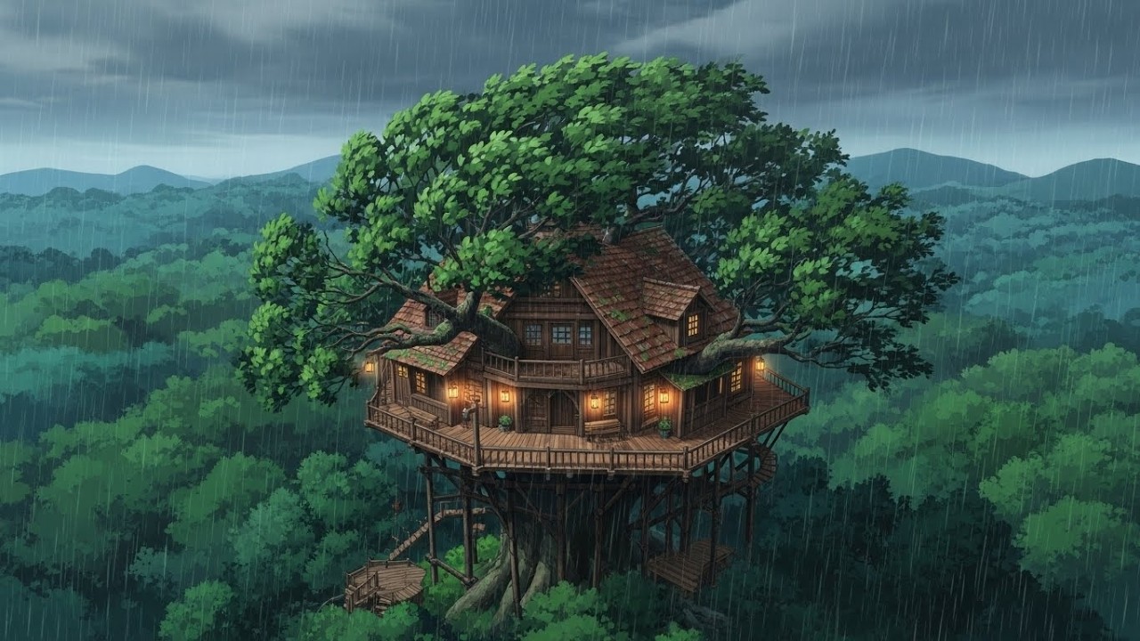 Family in the Treehouse During Rainstorm in the Forest | Ghibli Style video