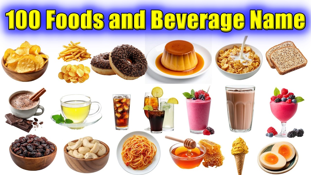 Learn Food and Beverage Names Easily with Pictures| 100 Foods and Beverage name in hindi and english
