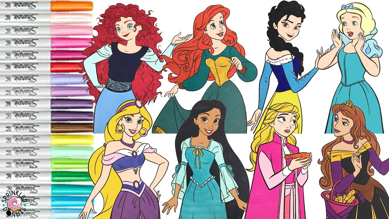 Disney Princess Coloring Book Compilation Color Swap Anna Aurora Elsa Snow Ariel Merida Jasmine