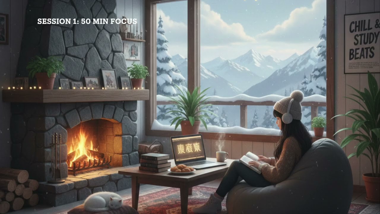 2-HOUR STUDY WITH ME in a Winter Wonderland | Pomodoro 50/10, Fireplace Sounds &Lofi, Snowy Mountain