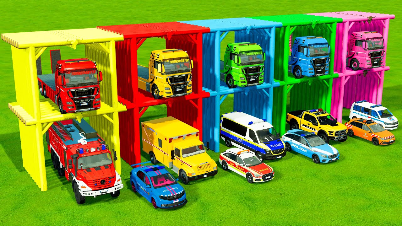 TRANSPORTING ALL POLICE CARS and AMBULANCE EMERGENCY VEHICLES WITH MERCEDES POLICE TRUCKS ! FS22