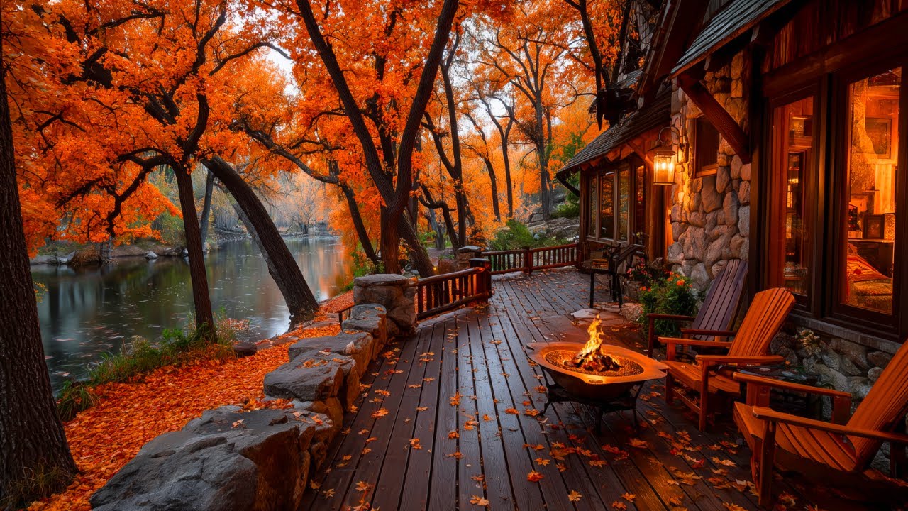 Fall Autumn Cabin Porch Ambience | Campfire & Forest Birds for Relaxation