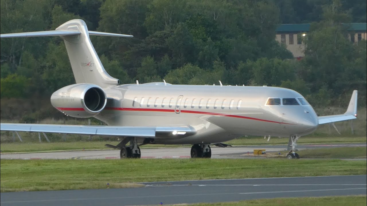 Vista jet Bombardier Global 7500 9H-VIK and Global 6000 M-ABON Departures from Farnborough Runway 06