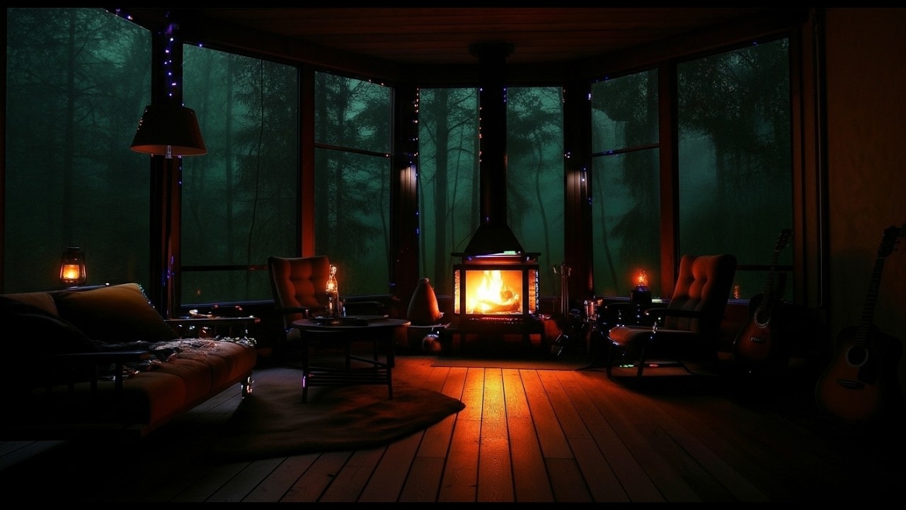 Relaxing Thunder & Fireplace in Cabin 🔥 Rain Sounds for Stress Relief, Focus and Deep Sleep