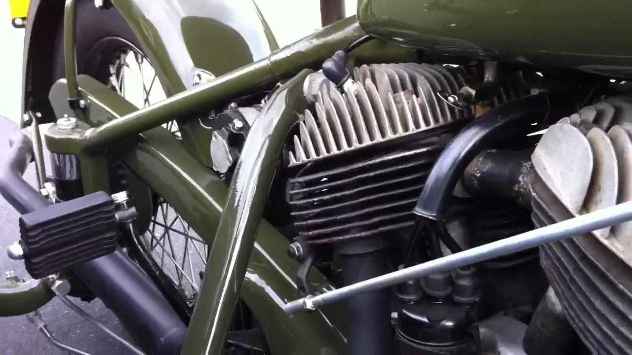 Walk around 1940 Indian Chief CAV Motorcycle idling WWII Harley Wla