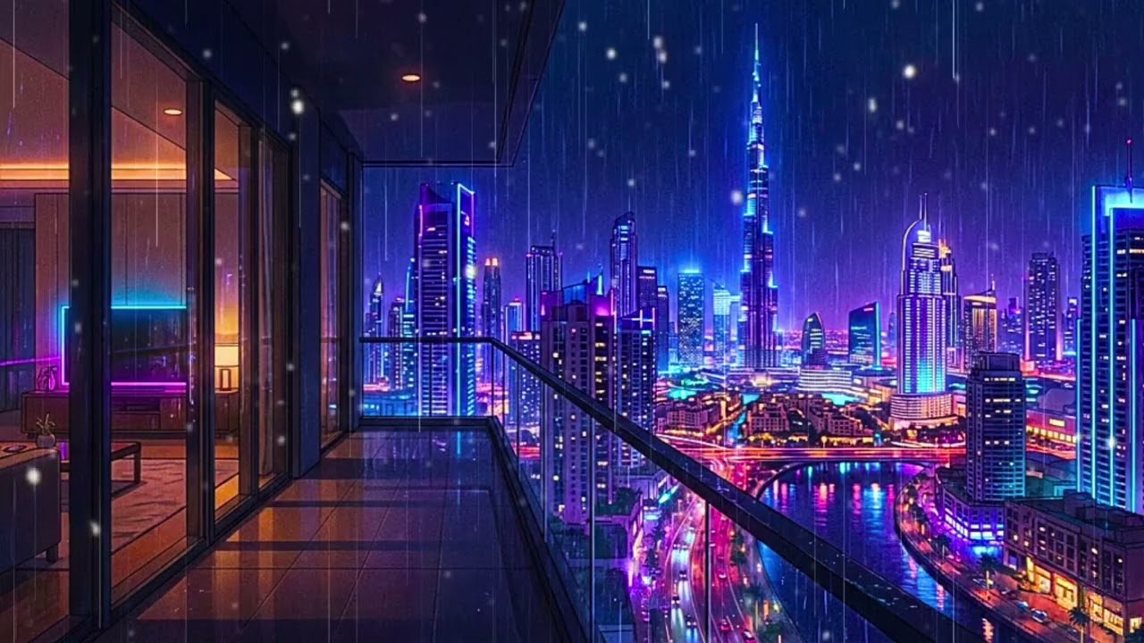 Neon Dubai Balcony 🌧️ Luxury Lofi for Night Focus & Relax ☔️ Rainy Skyline Vibes
