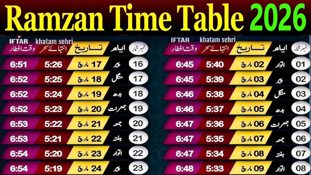 ramzan time table 2026 | ramzan sehri iftar time 2026 | | Ramzan calendar 2026 | sehri timing 2026