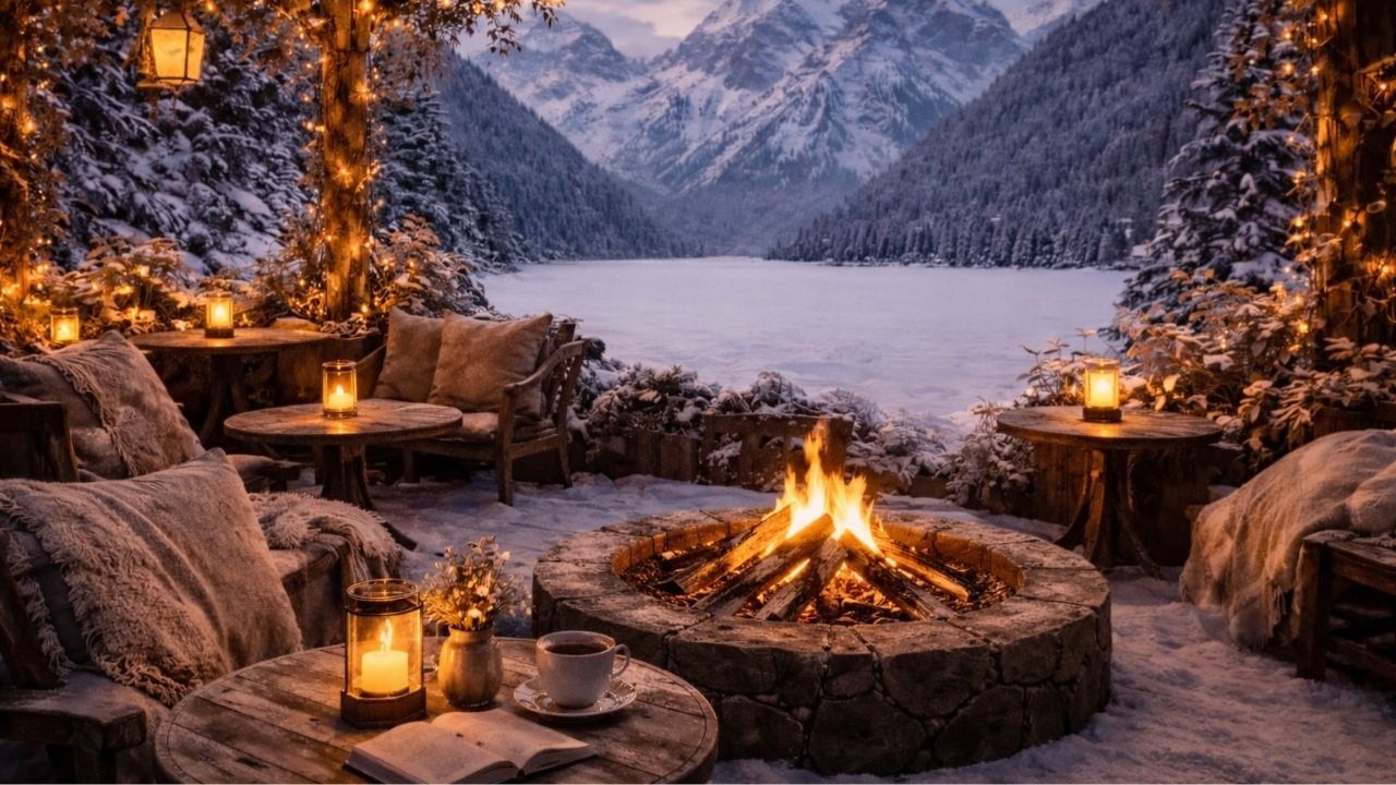 Winter Cafe Snow Day ❄️ Instrumentals with Fire Crackling for Stress Relief & Sleep