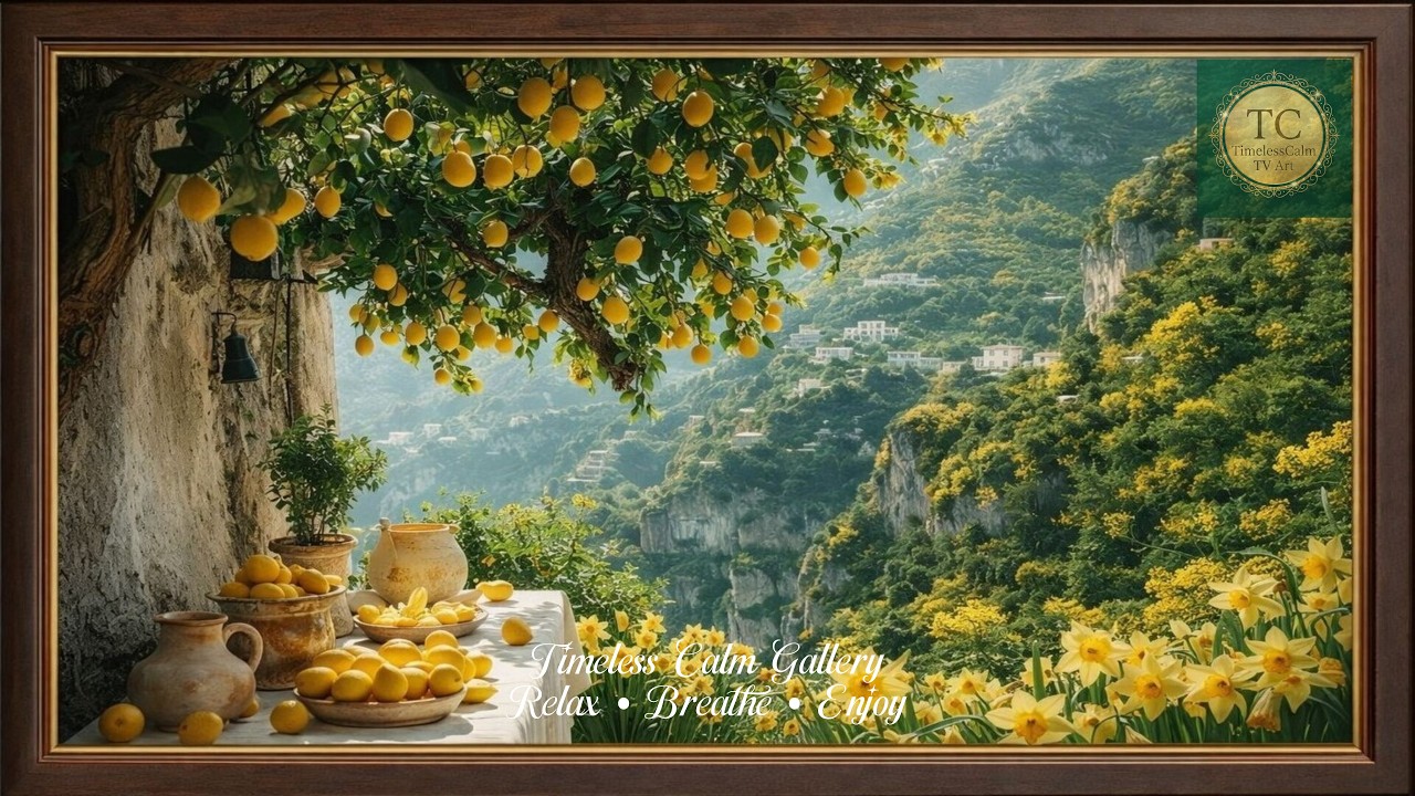 Italian Lemon Garden View | Luxury Mediterranean Landscape Painting for Calm TV Ambience