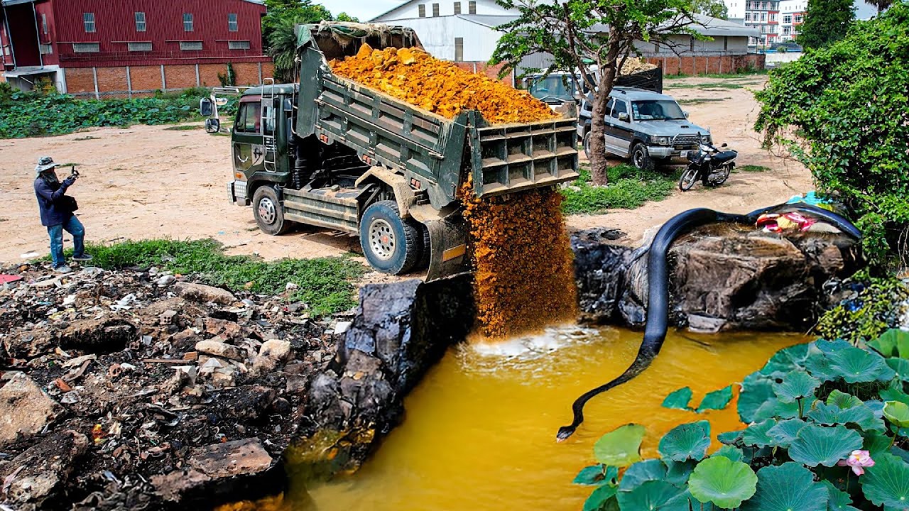 Wonderful Huge New Project! Landfill Delete Deep Pond by Dozer D31PX Pushing Stone with 5Ton Truck