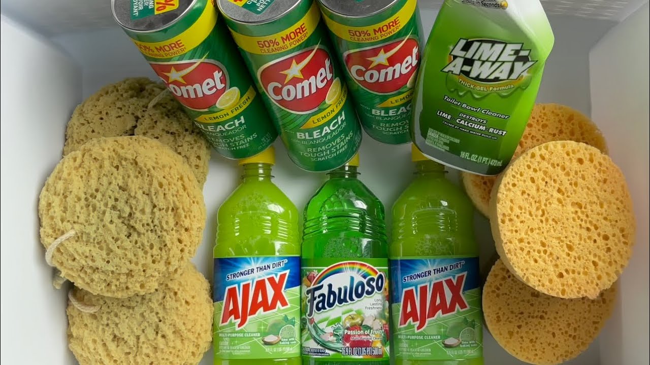 ASMR 3 CANS of LEMON 🍋 COMET 💫 with 2 BOTTLES OF LIME AJAX 💚💚, green FABULOSO && LIME-a-WAY 💚🔥