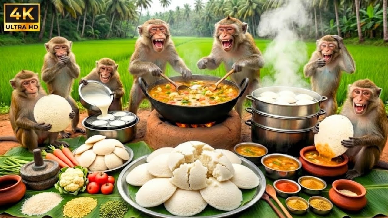 बंदरों ने एक साथ मिलकर बनाया स्वादिष्ट इडली-सांभर 🥥🔥 | Monkeys Cooked Famous Idli Sambar Together