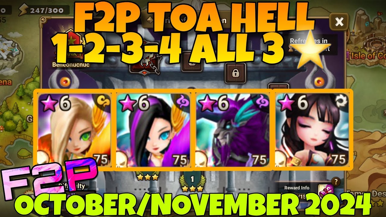 F2P TOA HELL 1 2 3 4 ALL 3⭐ (SERA GIANA ZERATU DONGBAEK) OCTOBER NOVEMBER 2024 SUMMONERS WAR