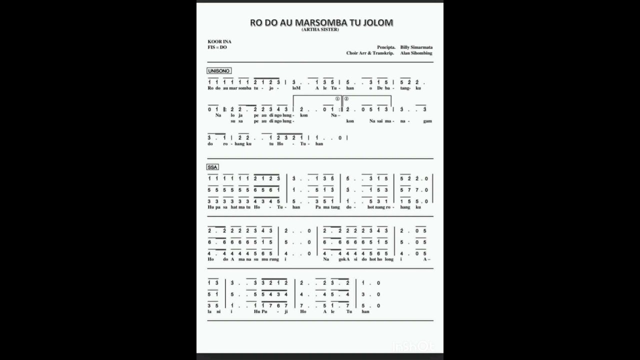 Partitur dan Lagu Pujian RO DO AU MARSOMBA TU JOLOM