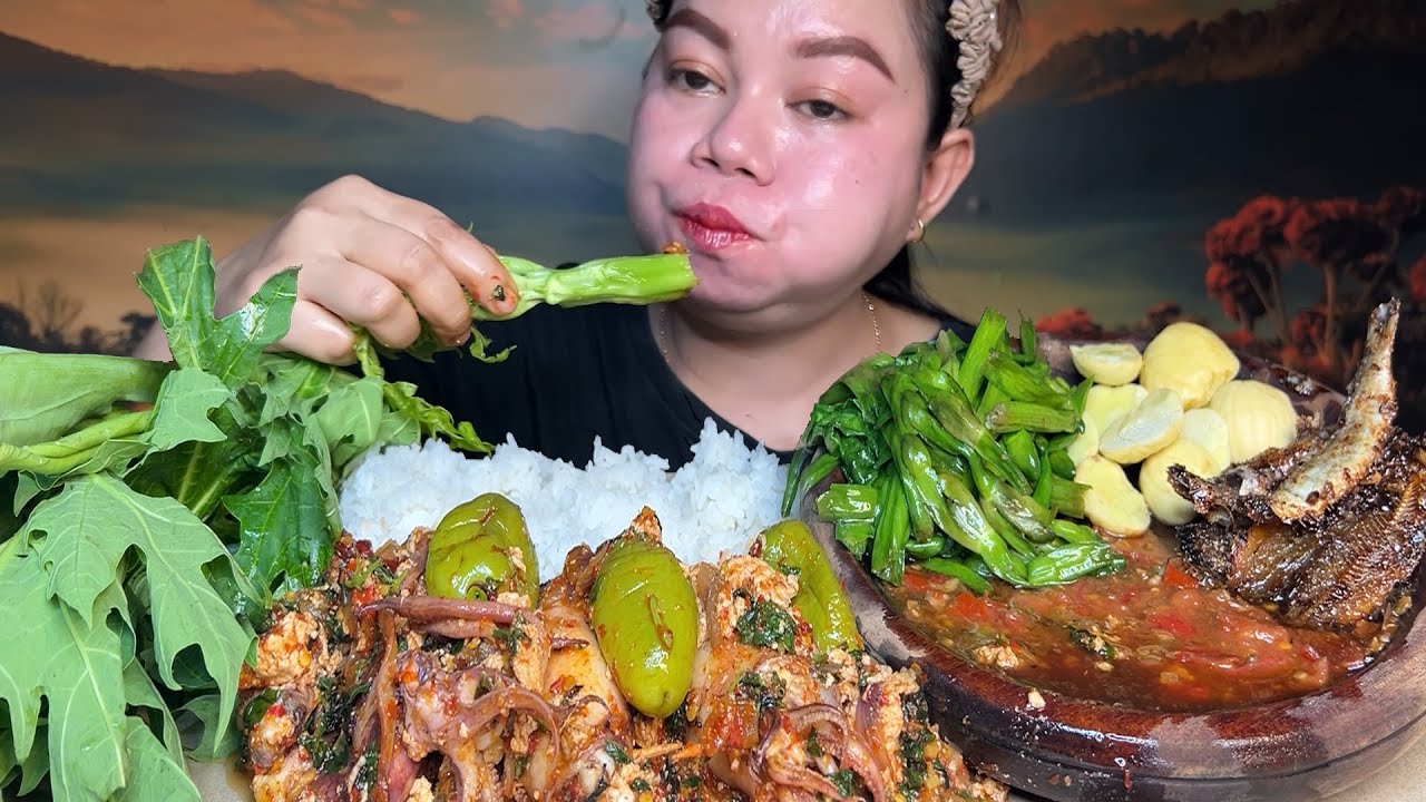 Menu Desa,cumi isi tahu cabe gendot rica rica sambal kencur ikan asin ketumbar,Lalaban MUKBANG 
