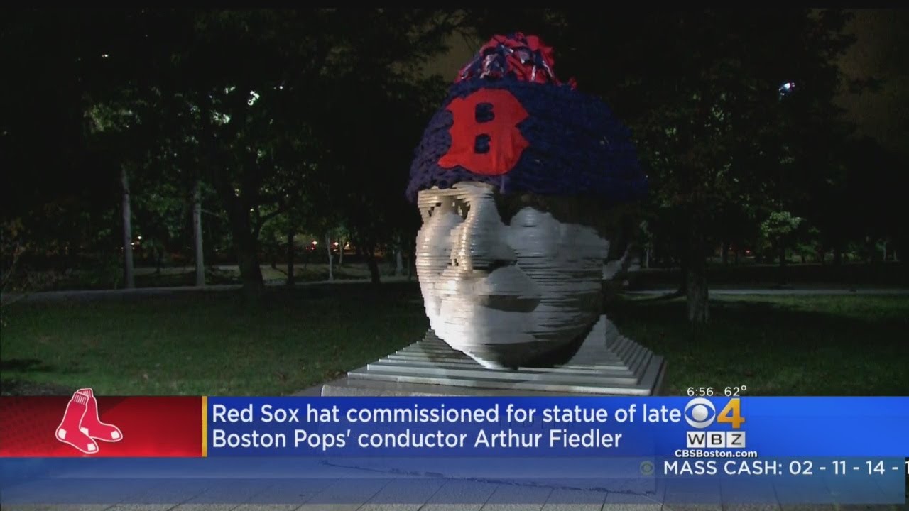 Boston Arthur Fiedler Sculpture Decorated With Red Sox Hat To Celebrate Win Over Yankees