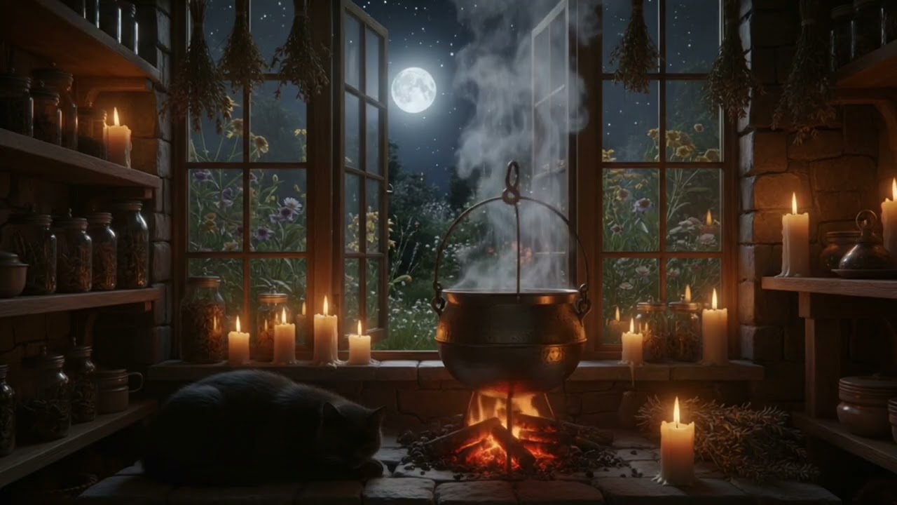 Practical Magic Countryside House Witch Ambience- Garden Nighttime Sounds & Bubbling Cauldron