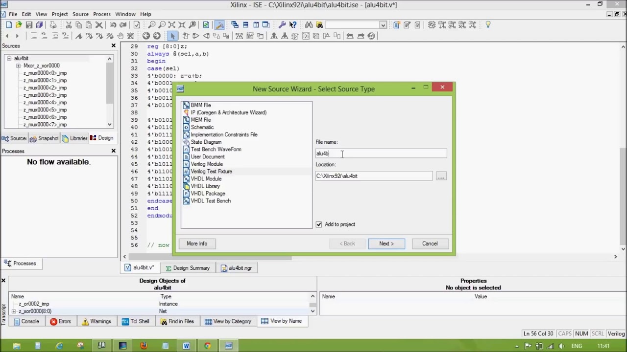 4 bit ALU Design in verilog using Xilinx Simulator