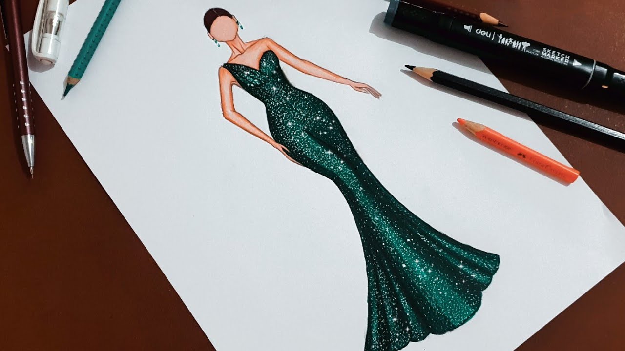 تعلم رسم فستان سهرة بخطوات سهلة للمبتدئين| how to draw dress sketching & coloring tutorial /fashion