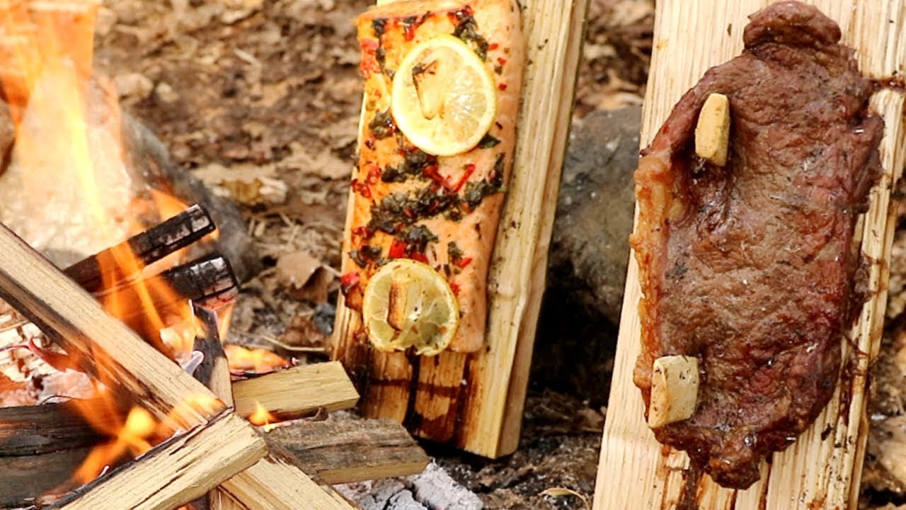 Steak & Fish Cooked On Wooden Plank - Campfire Cooking