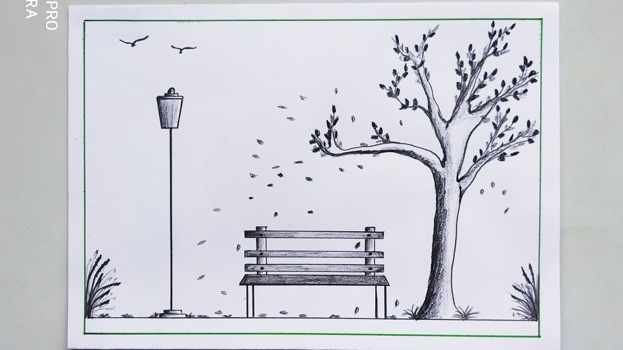 Park Side Scenery Drawing | park bench | Scenery of city park step by step