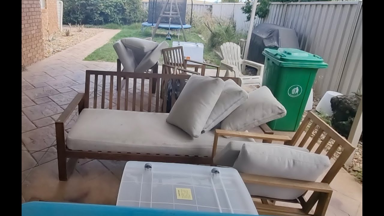 An unfinished outdoor furniture clean