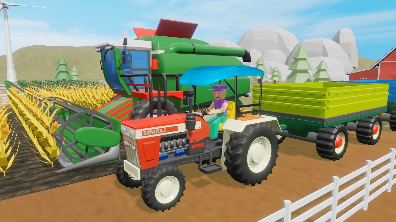 Tractor with Double Trailer Harvesting Wheat on a Busy Farm, Golden Fields, and More