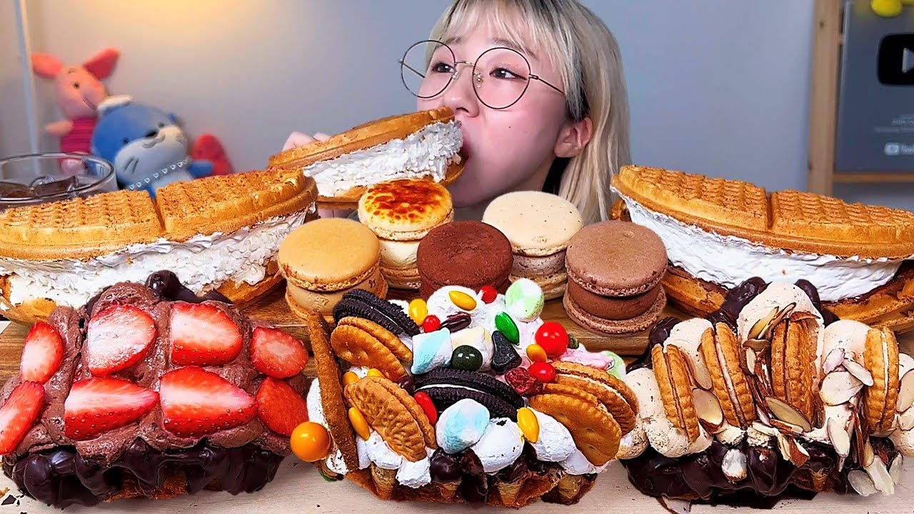 📱요기요 앱으로 발렌타인데이 즐기기 | 크로플 마카롱 생크림와플 디저트 먹방 Dessert Mukbang