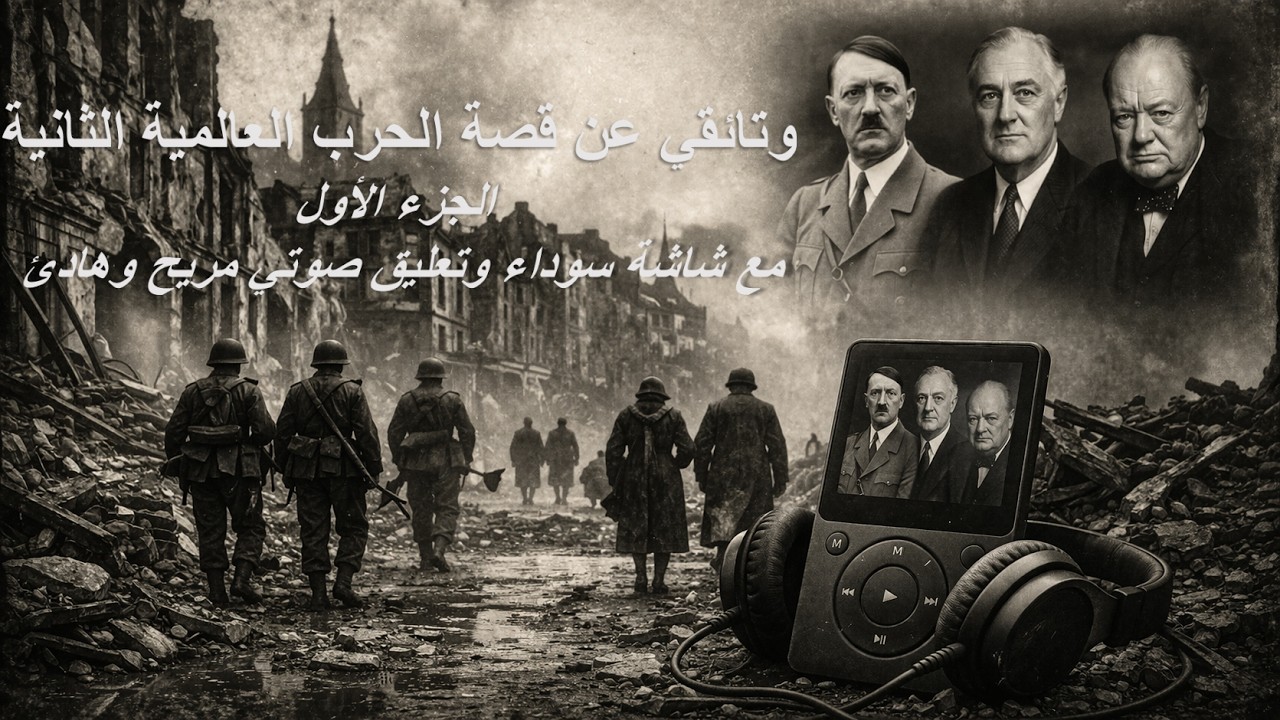 وتائقي عن قصة الحرب العالمية الثانية - الجزء الأول، مع شاشة سوداء وتعليق صوتي مريح وهادئ