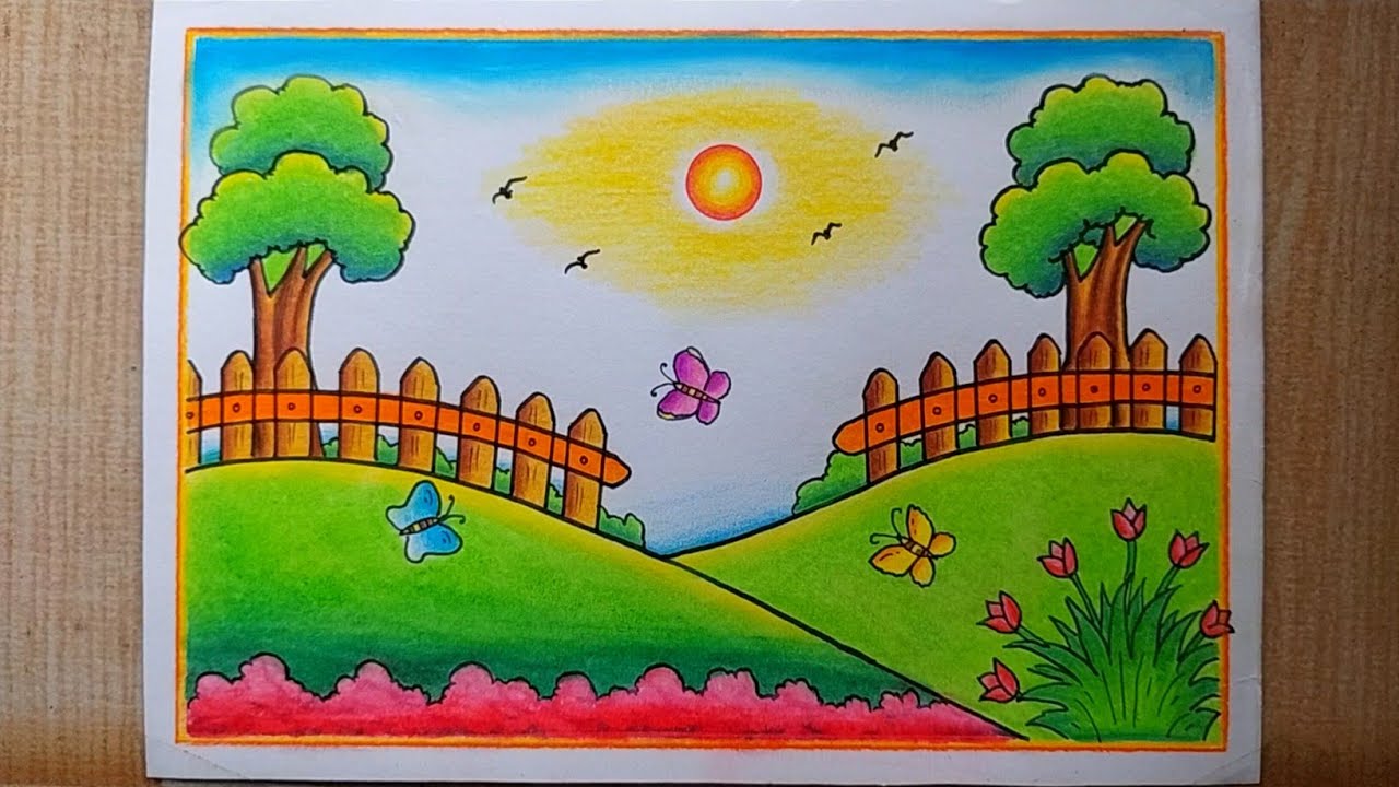 Garden scenery drawing easy| How to draw Easy Scenery drawing| Flower Garden Scenery drawing easy