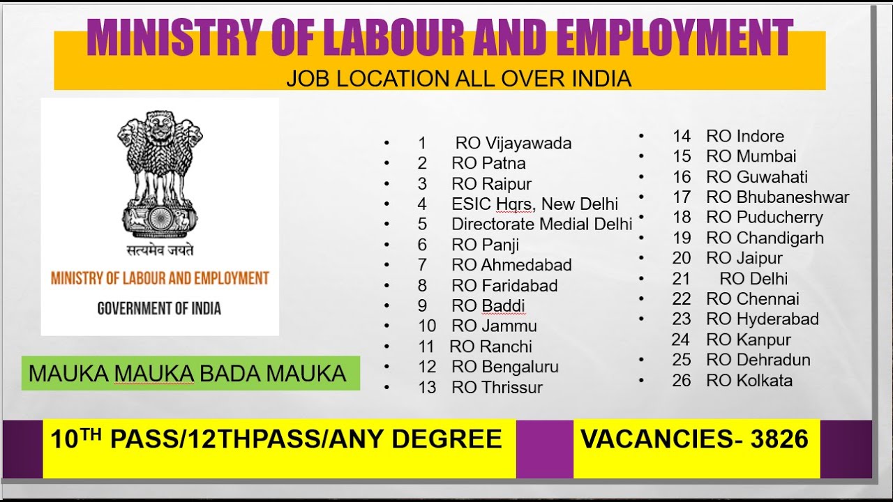 MINISTRY OF LABOUR RECRUITMENT | 3826 VACANCIES | 10THPASS/12THPASS/ANY DEGREE | FEE-500