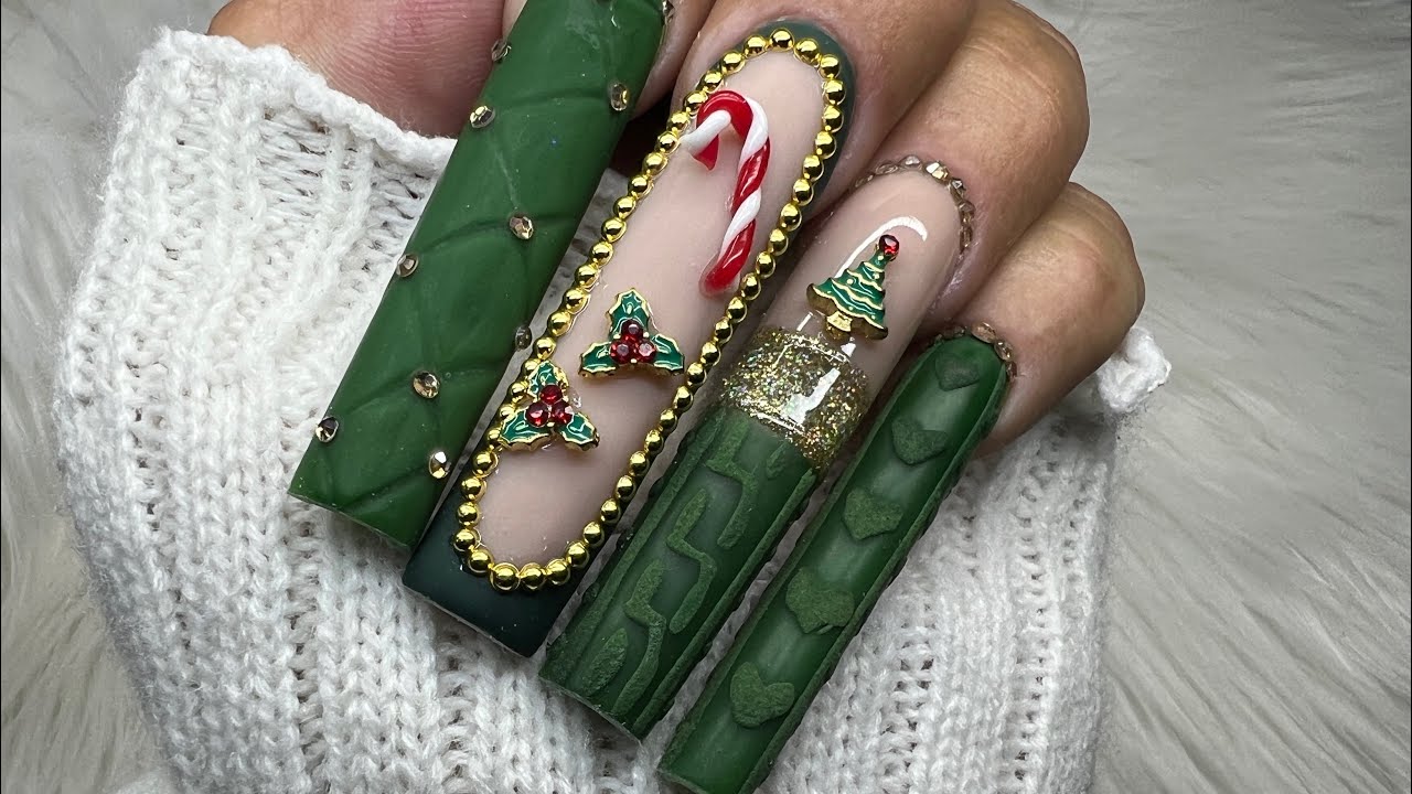 GREEN INSPO HOLIDAY NAILS/HOW TO MAKE CUSTOM GEL CHARMS/SWEATER/QUILT/GLITTER/COLOR BLOCK/WINTER/FYP