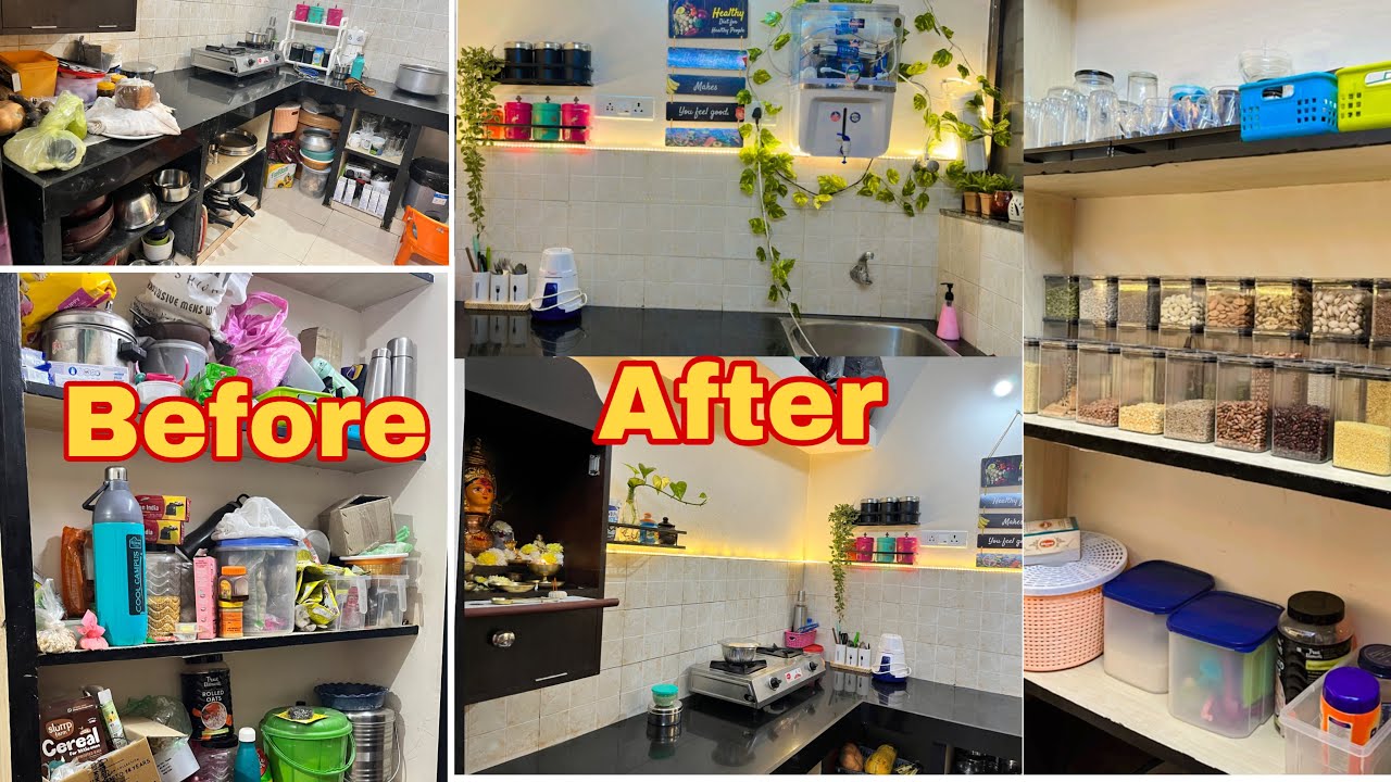 ನನ್ನ ಅಡುಗೆಮನೆ ಮೇಕ್ ಓವರ್ | Indian non modular kitchen makeover | cleaning & organising rented kitchen